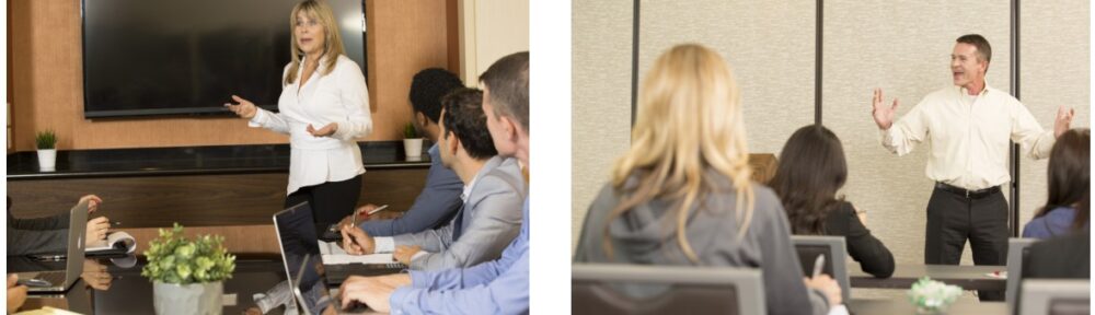 Photos of people presenting to an audience.